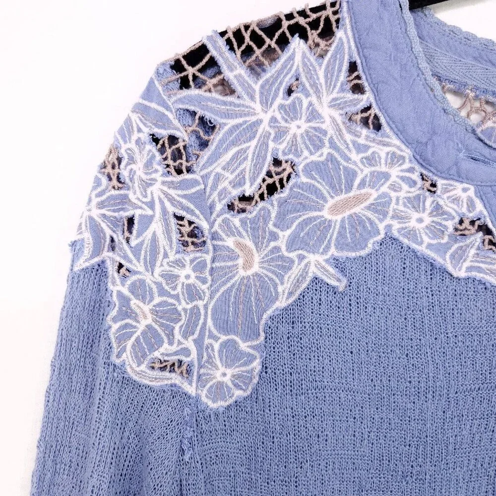 Free People Top Easy Breezy Lace Large Floral Applique Henley Long Sleeve Knit - Picture 7 of 14
